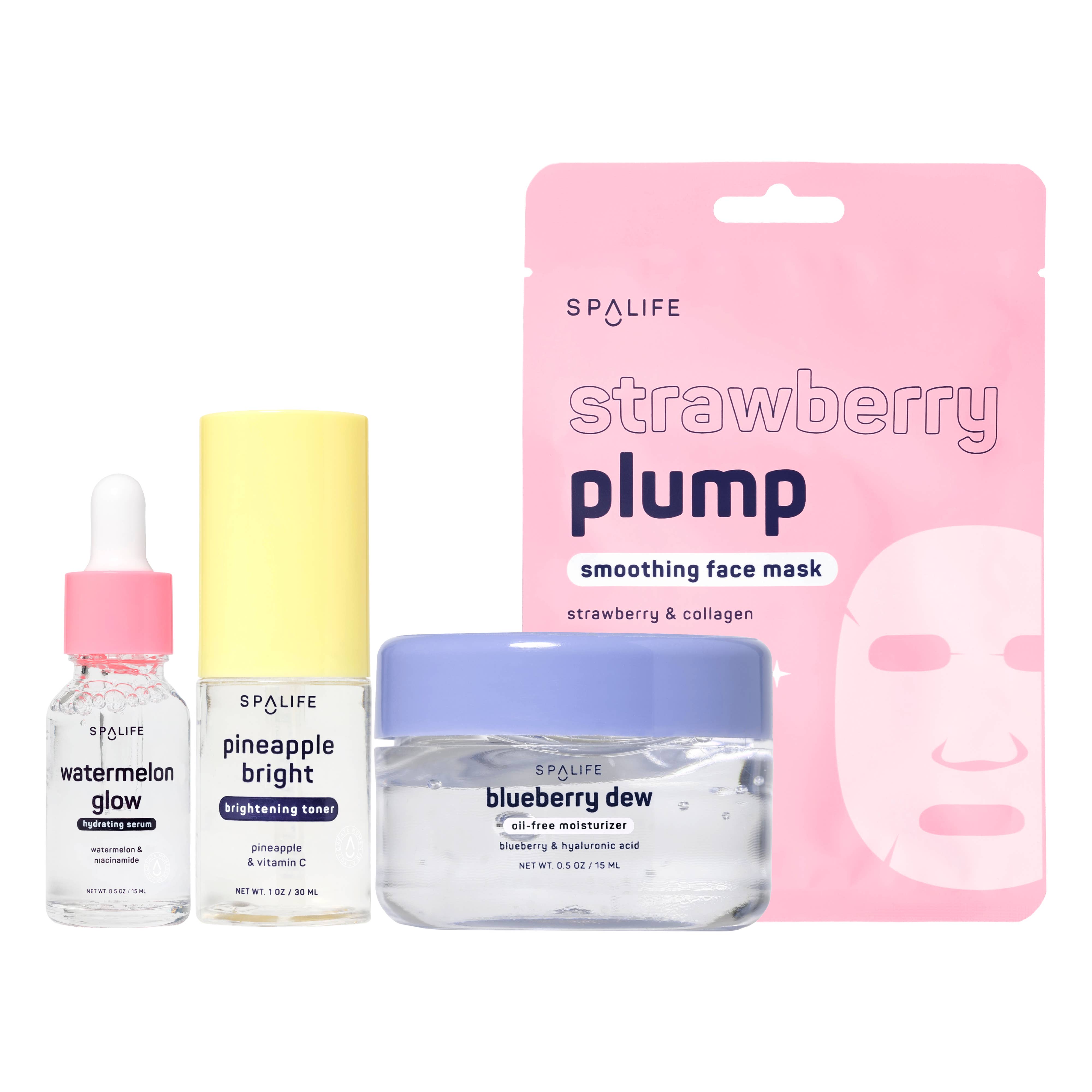 SpaLife skincare products including a face mask, serum, toner, and moisturizer on a white background. tween girl gifts christmas