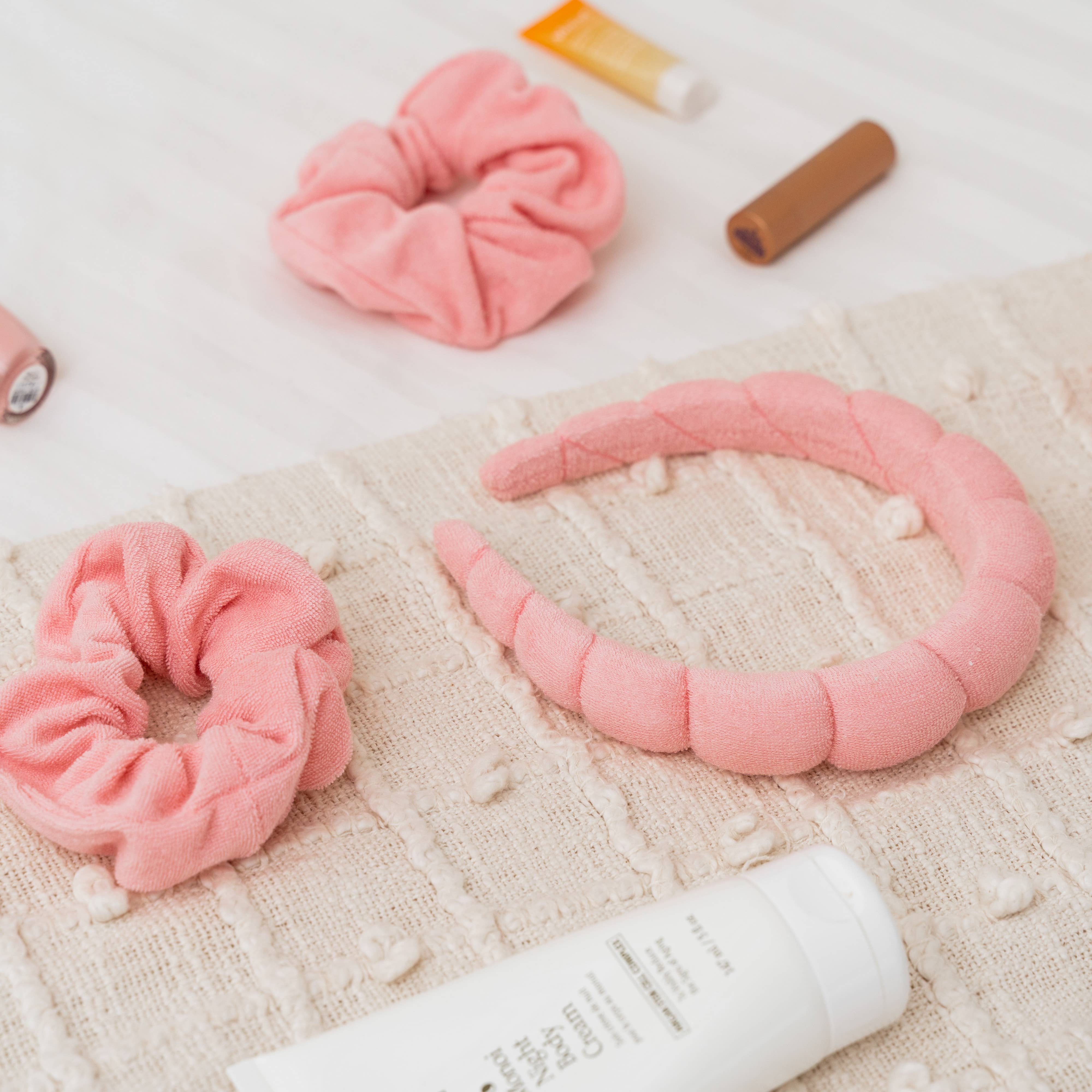 Spa Day Terry Cloth Headband & Scrunchies Set : Pink