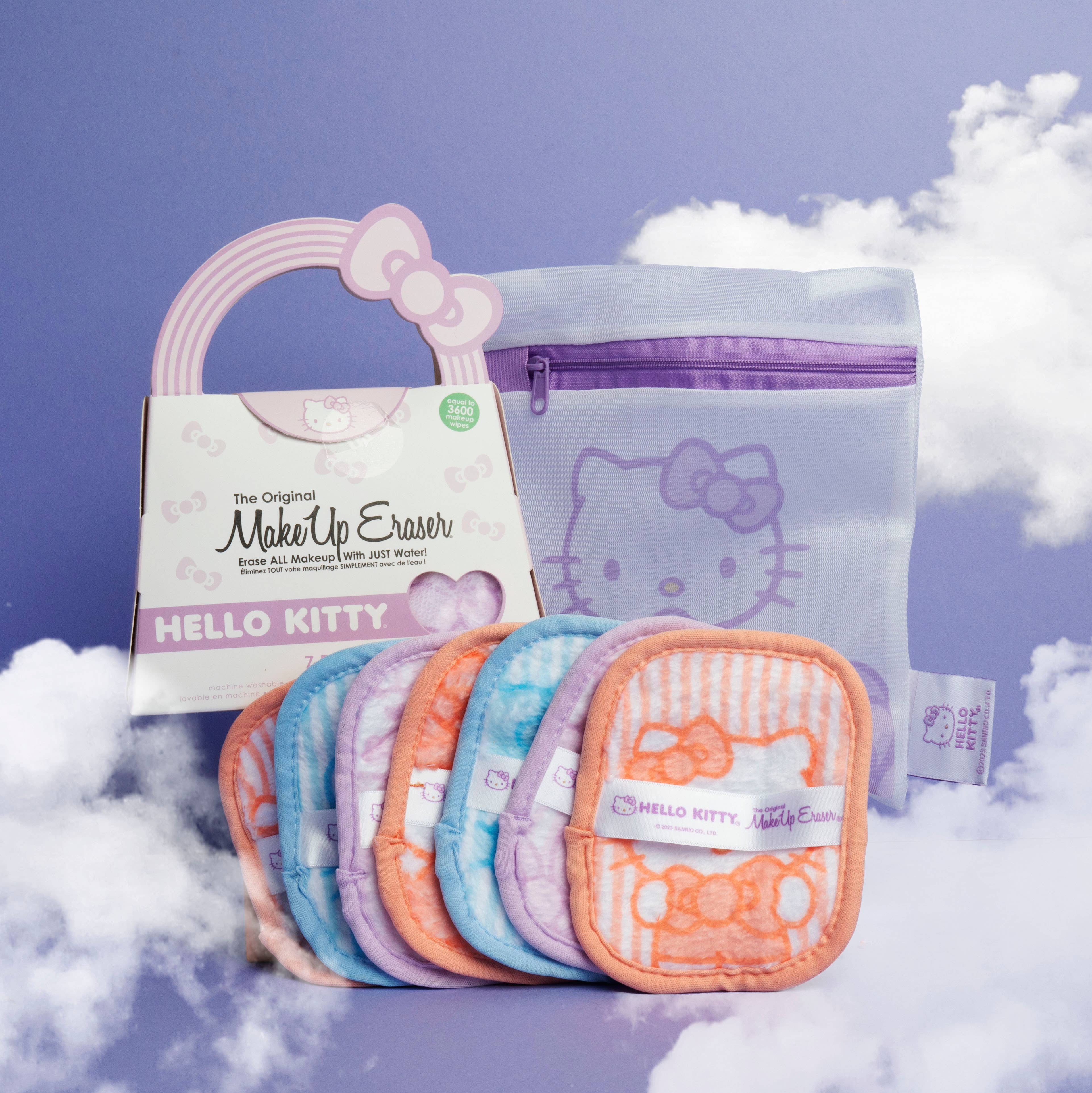 MakeUp Eraser Hello Kitty product set with packaging against a blue sky background