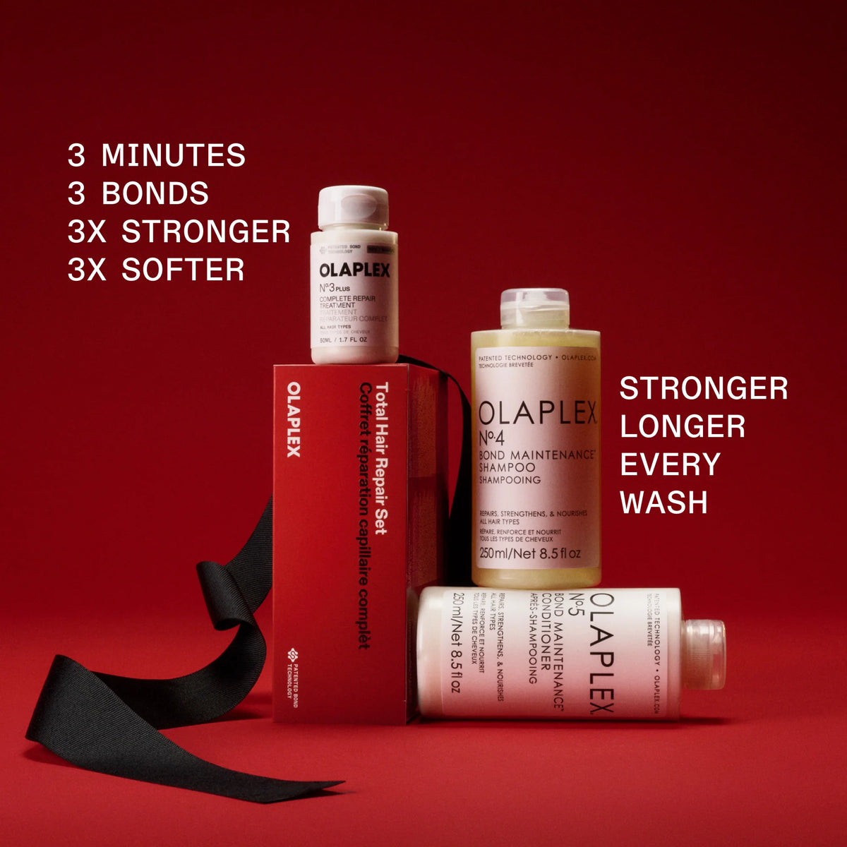 Olaplex Total Hair Repair Set featuring a red box, a beige shampoo bottle, a white conditioner bottle, and a black ribbon on a solid red background, with promotional text overlays.