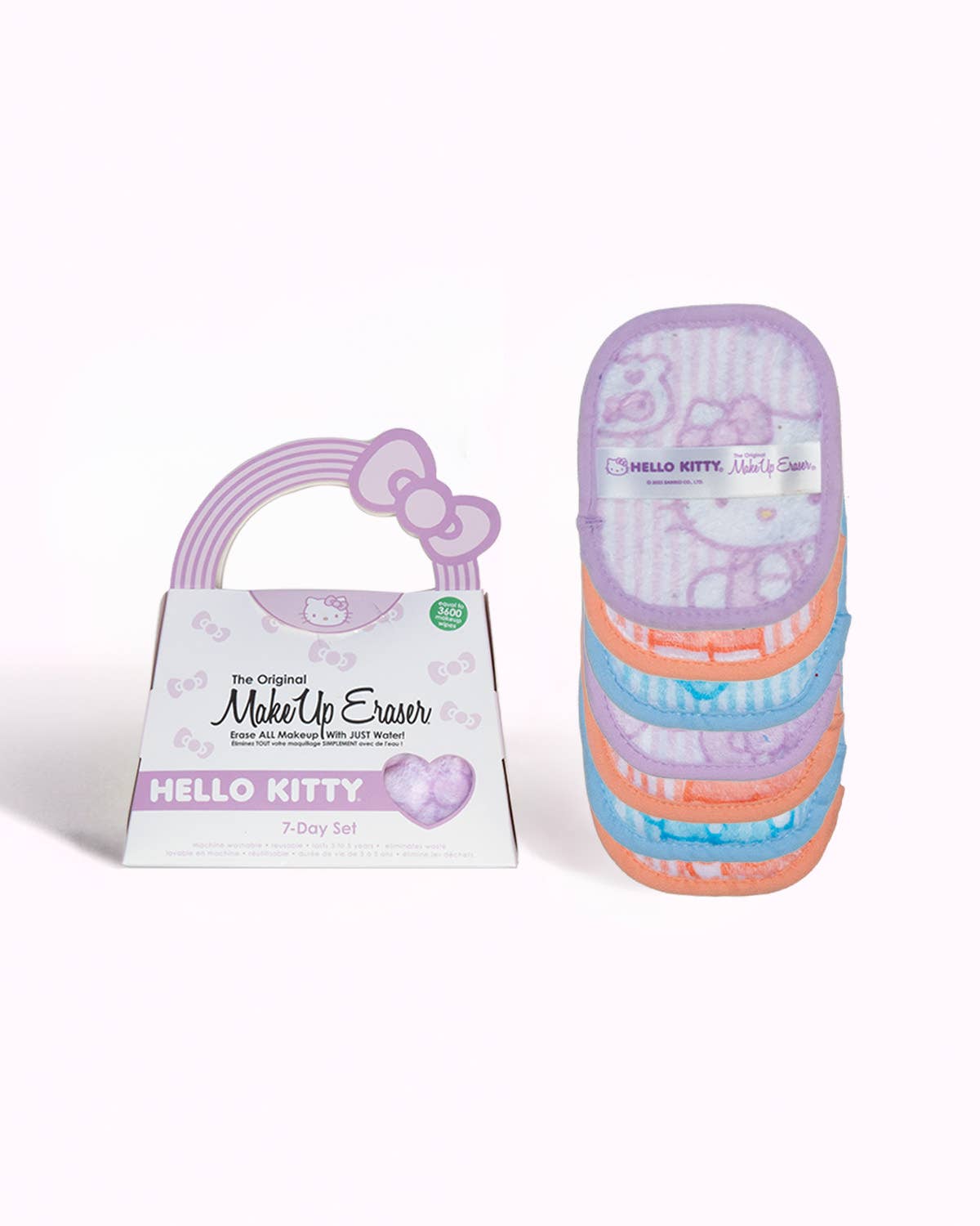 Makeup eraser set with packaging featuring Hello Kitty design