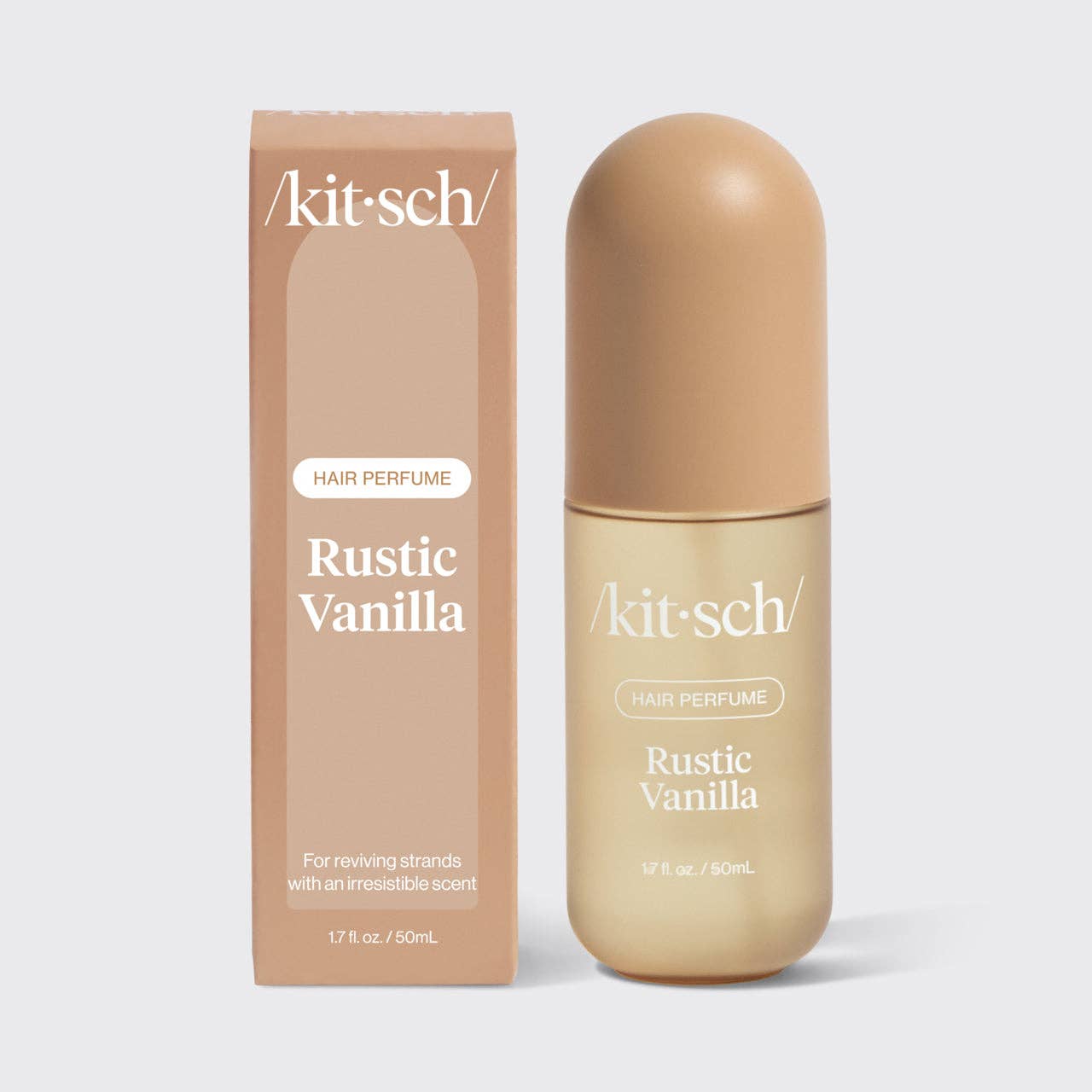 Kit-sch Rustic Vanilla hair perfume bottle and packaging on a white background