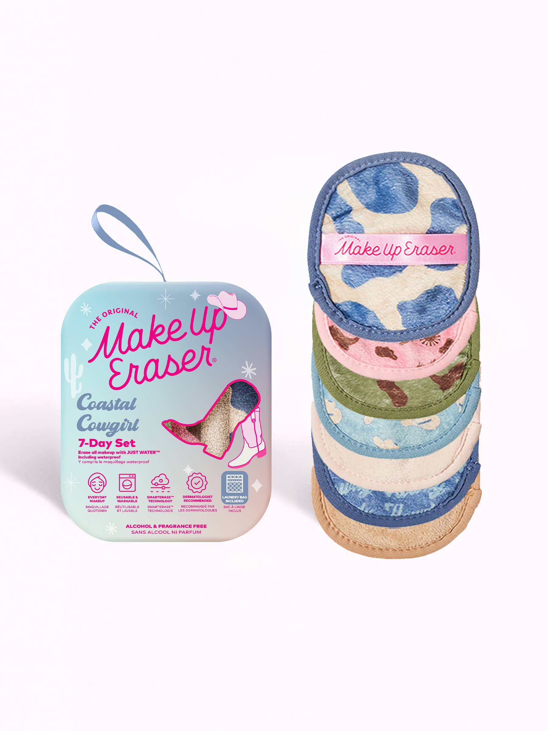 Makeup eraser set with colorful design and packaging on a white background