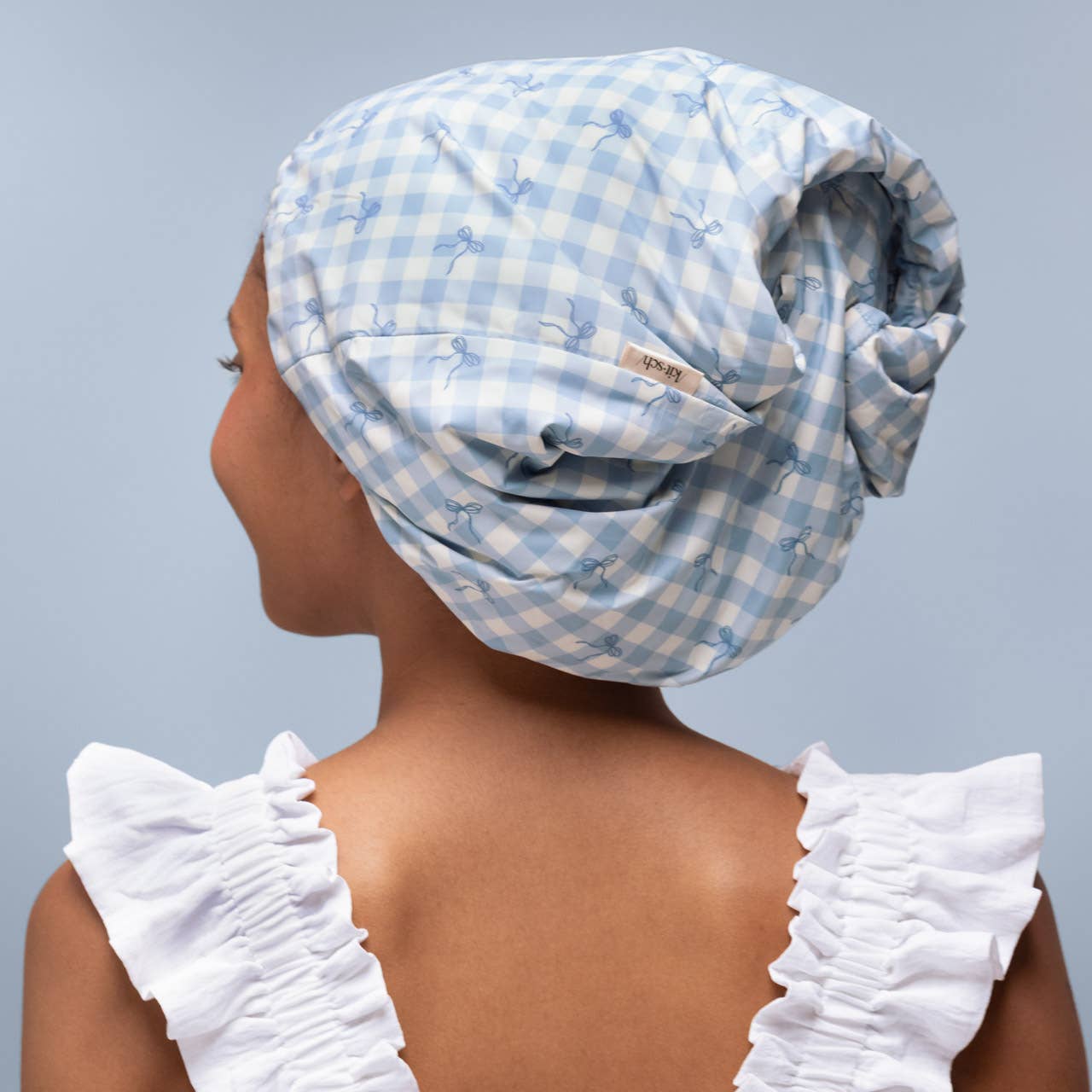 Satin Lined Flexi Shower Cap : Gingham Blue