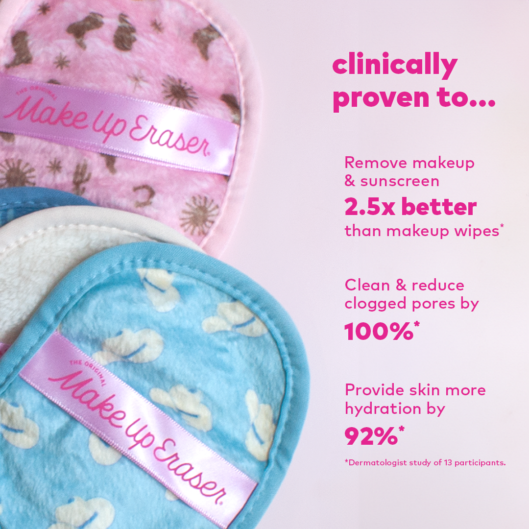 Make Up Eraser pads with pink and blue designs on a light pink background, featuring product benefits text.