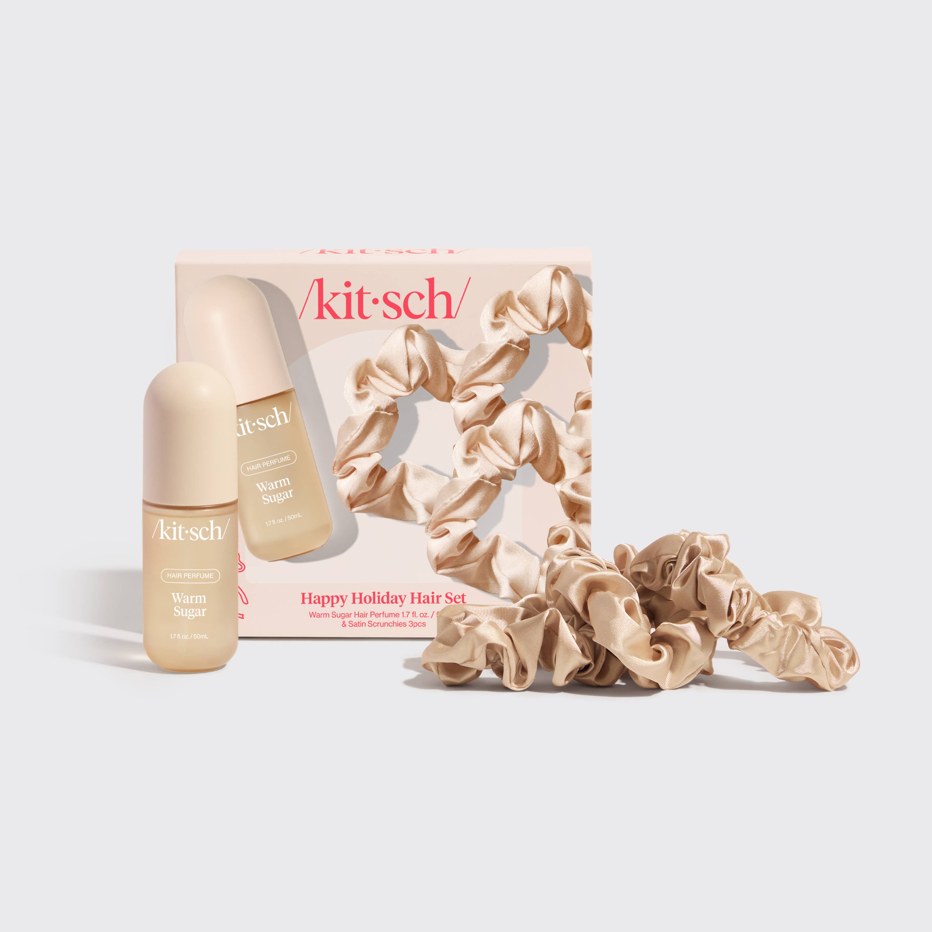 Kitsch hair care set with bottles and scrunchies on a light background