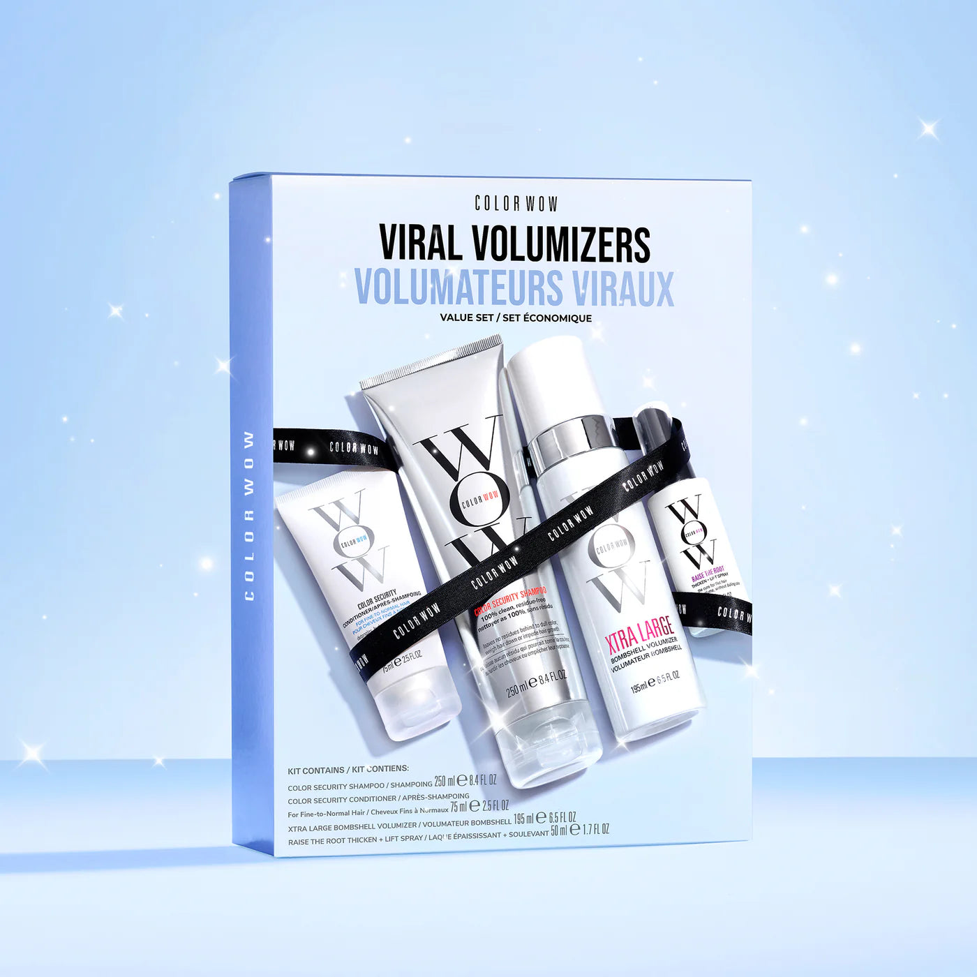 Color Wow Viral Volumizers product set packaging on a light blue background
