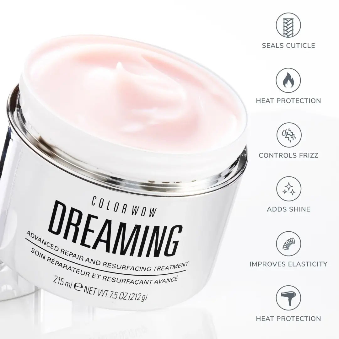 Color Wow Dreaming hair treatment jar with features listed 