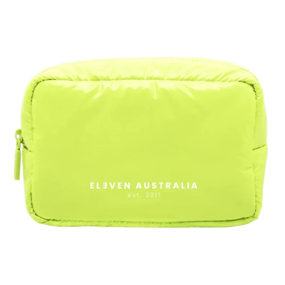 A bright lime green puffer-style pouch bag with white printed text reading 'EL3VEN AUSTRALIA est. 2011' on the front, shown against a plain white background.
