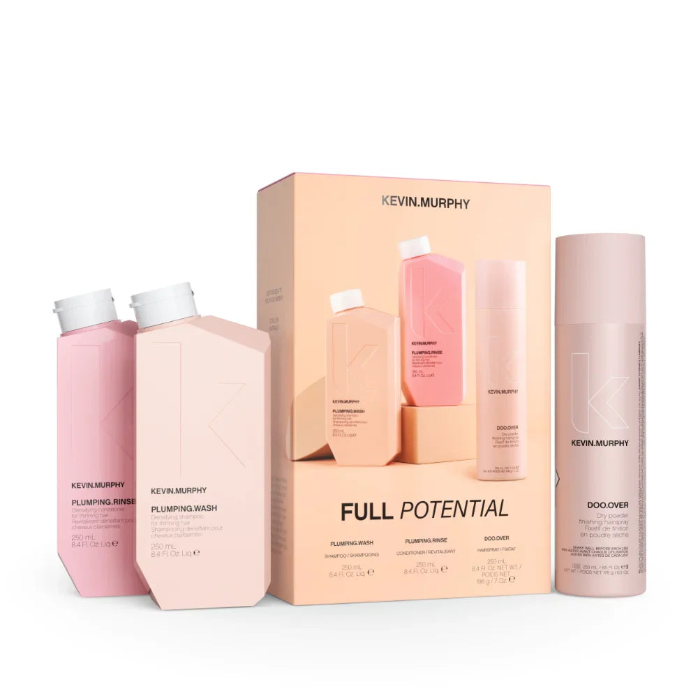 Kevin Murphy hair care product set with Plumping wash Rinse and Doo.Over packaging on a white background