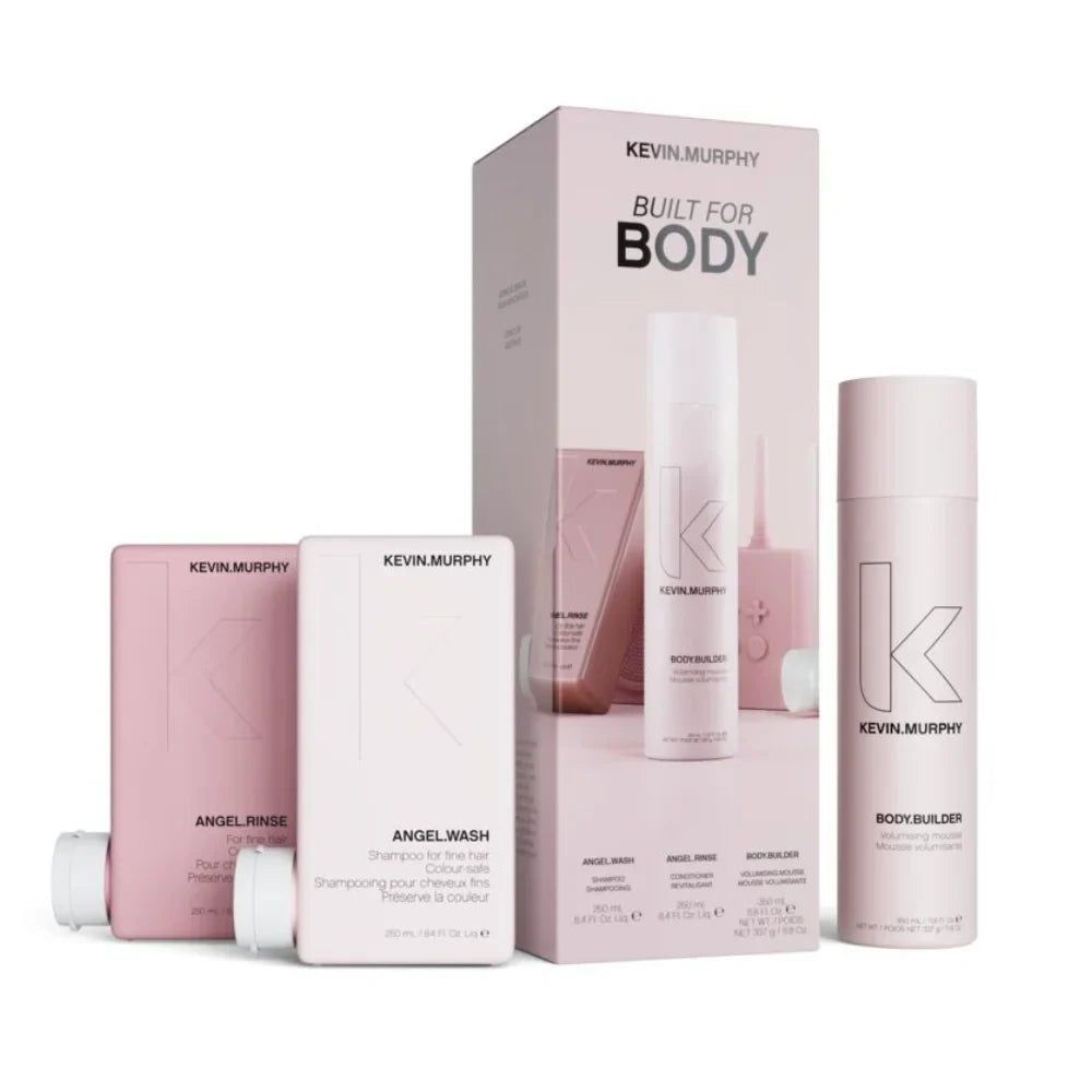 Kevin Murphy hair care set featuring a tall pink and white 'Built for Body' box, an Angel Rinse bottle, an Angel Wash bottle, and a Body Builder bottle, all on a clean white background.