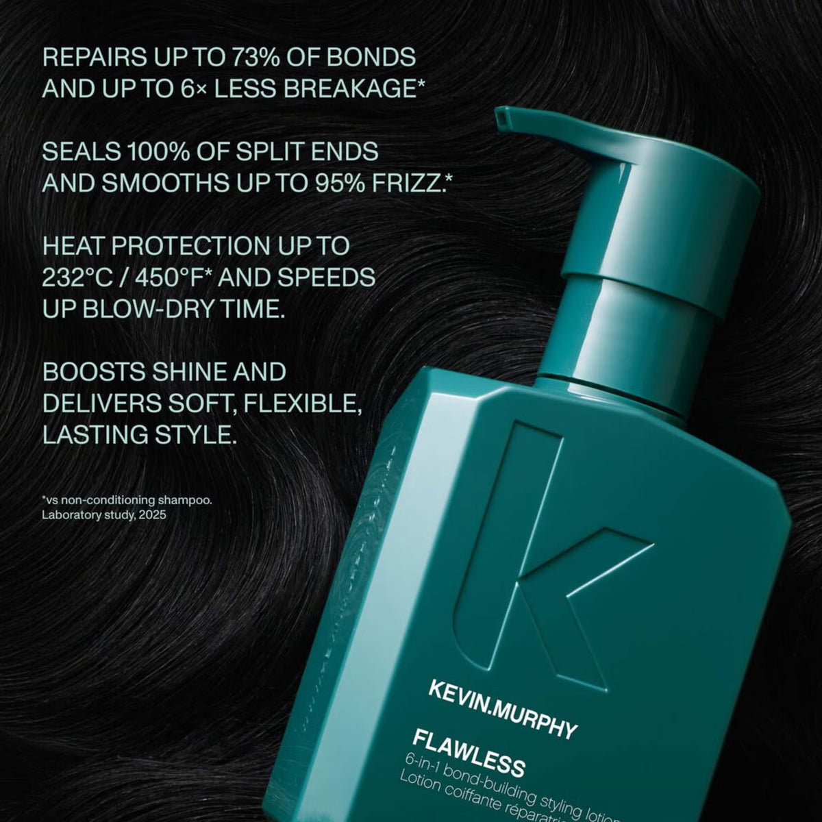 Kevin Murphy Flawless heat protectant styling lotion in a teal pump bottle, set against a dark background with black hair texture and white product benefits text.
