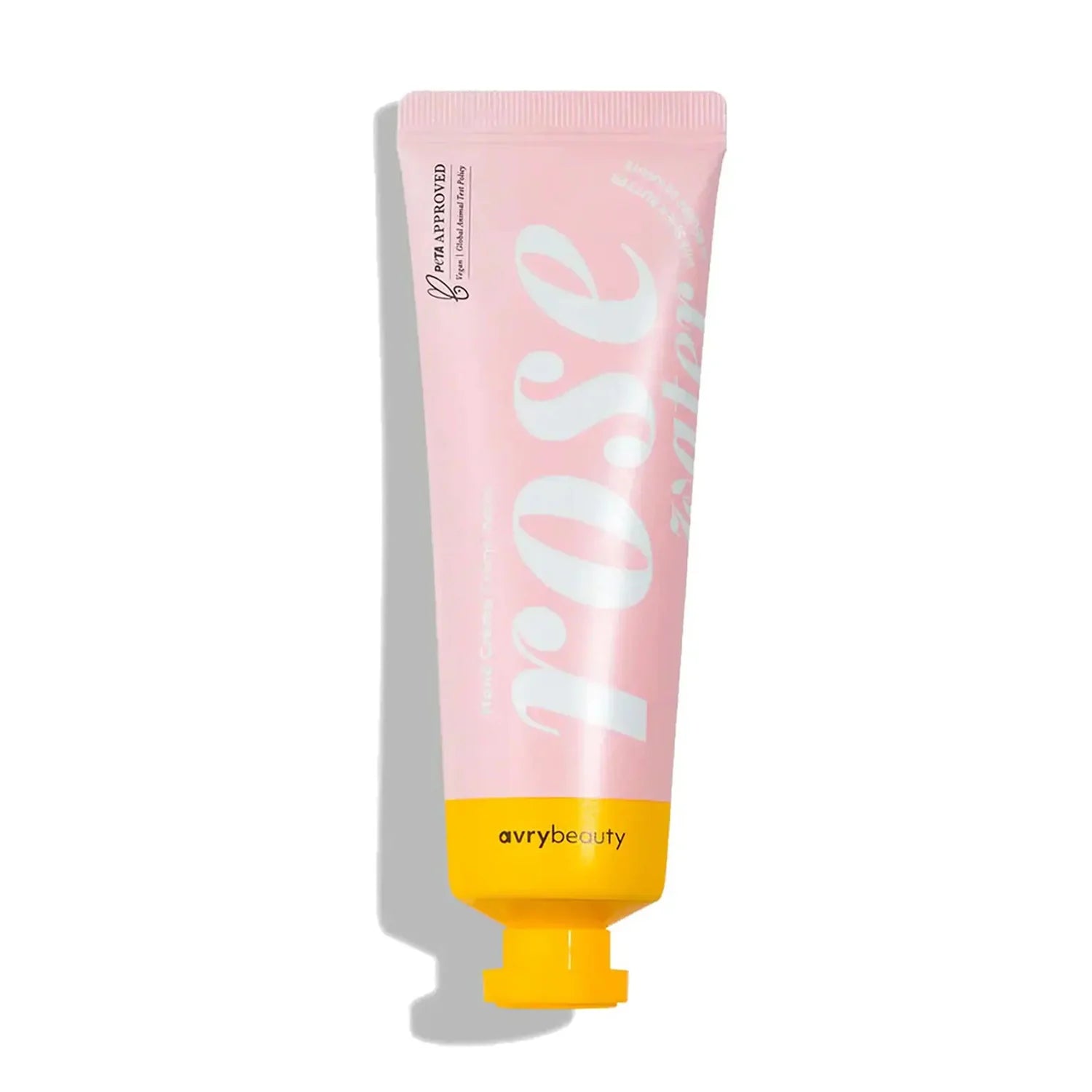 Pink and yellow tube of Rose hand cream by avrybeauty on a white background