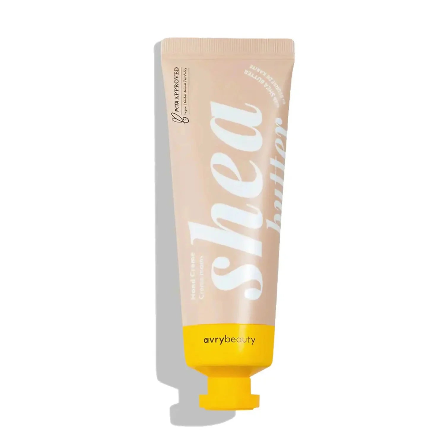 Tube of shea butter hand cream with yellow end and 'avrybeauty' branding on a white background