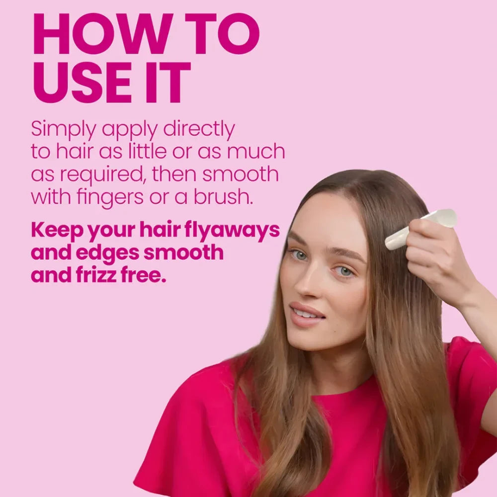 A pink instructional graphic with the heading 'HOW TO USE IT' and text explaining application to hair, alongside a woman with long brown hair using a small white comb on her hair.