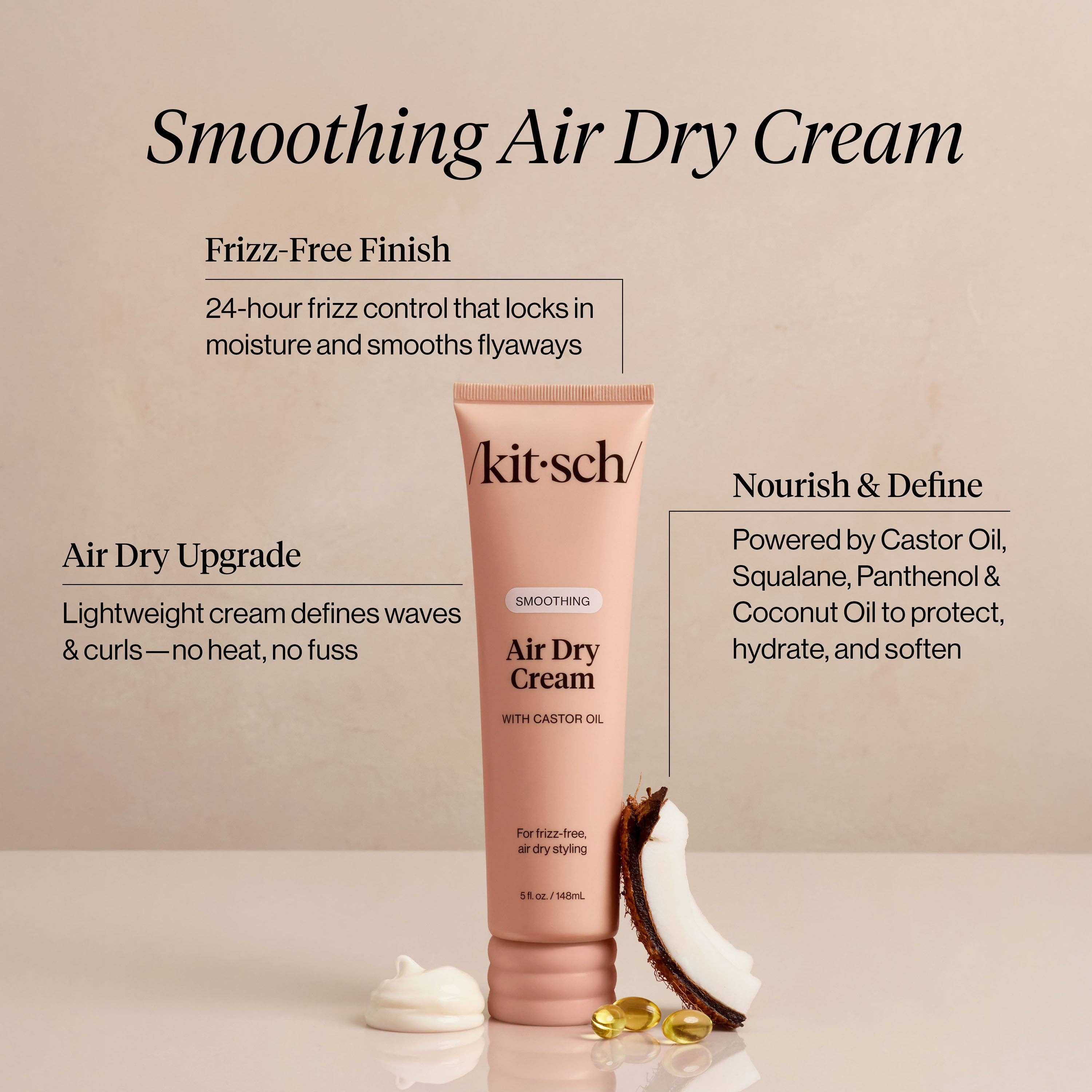 Kitsch Smoothing Air Dry Cream tube with product details on a beige background