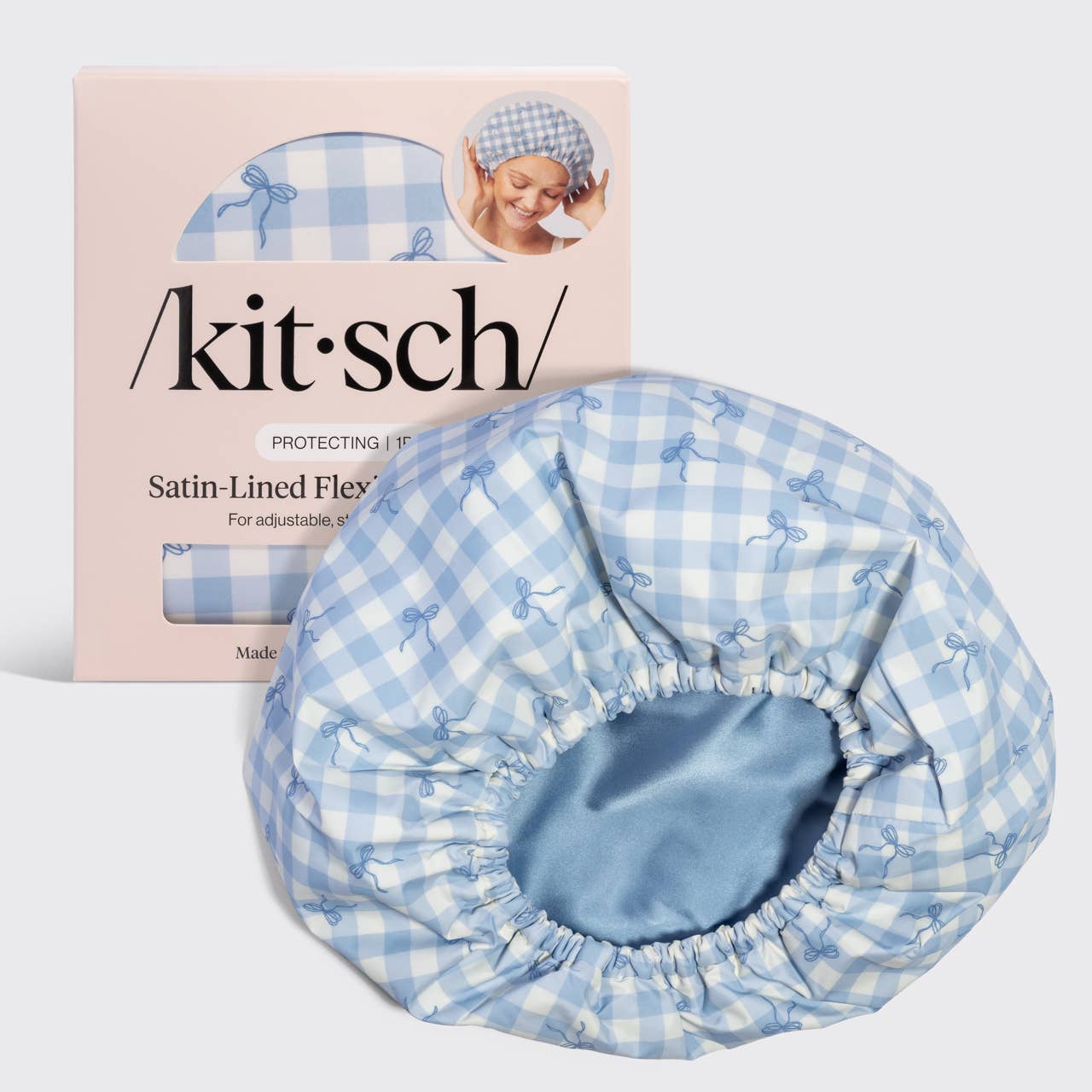 Satin Lined Flexi Shower Cap : Gingham Blue