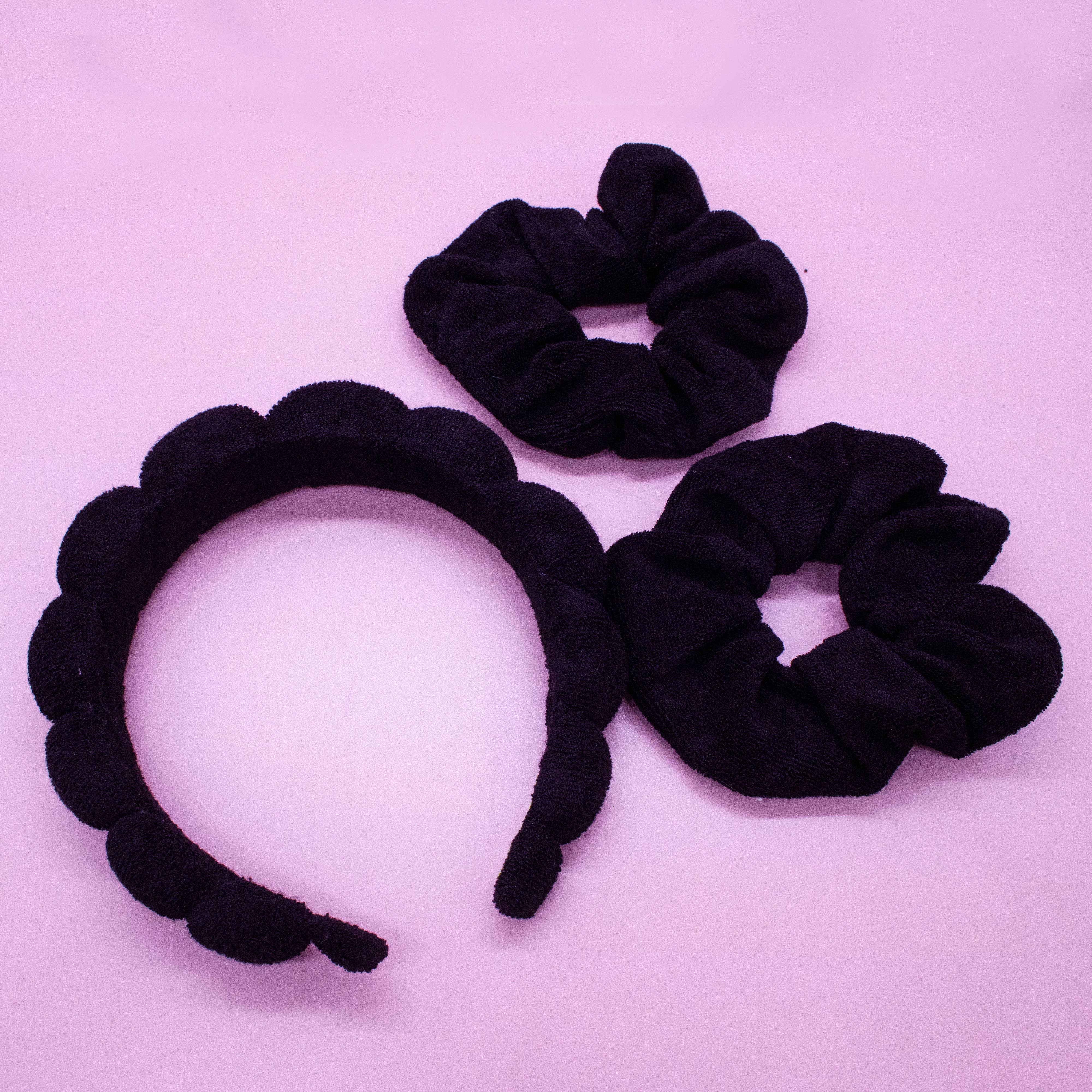 Spa Day Terry Cloth Headband & Scrunchies Set : Black