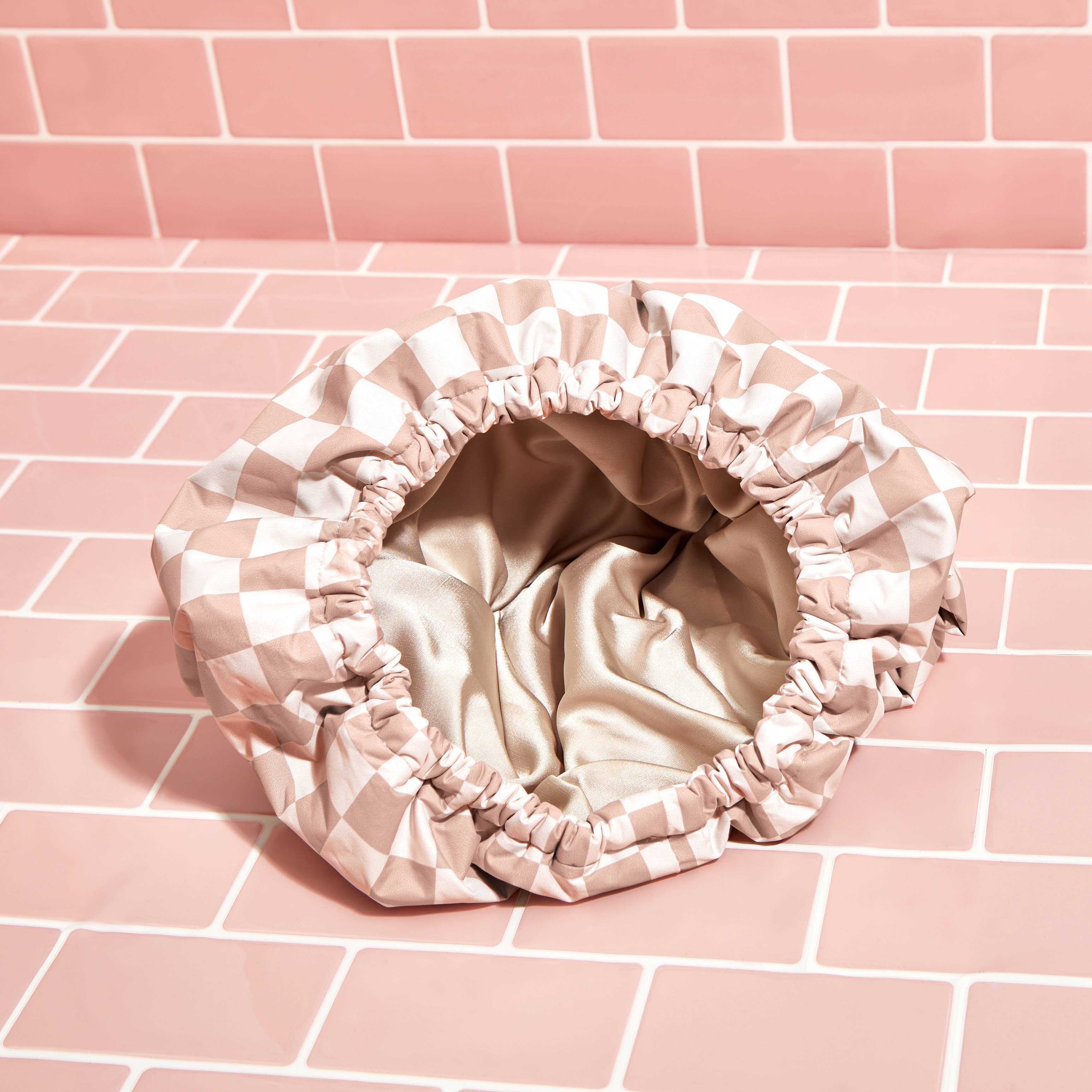 Satin Lined Flexi Shower Cap : Terracotta Check