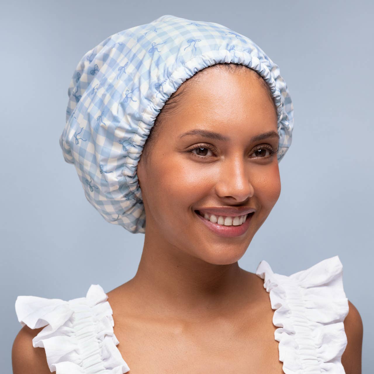 Satin Lined Flexi Shower Cap : Gingham Blue