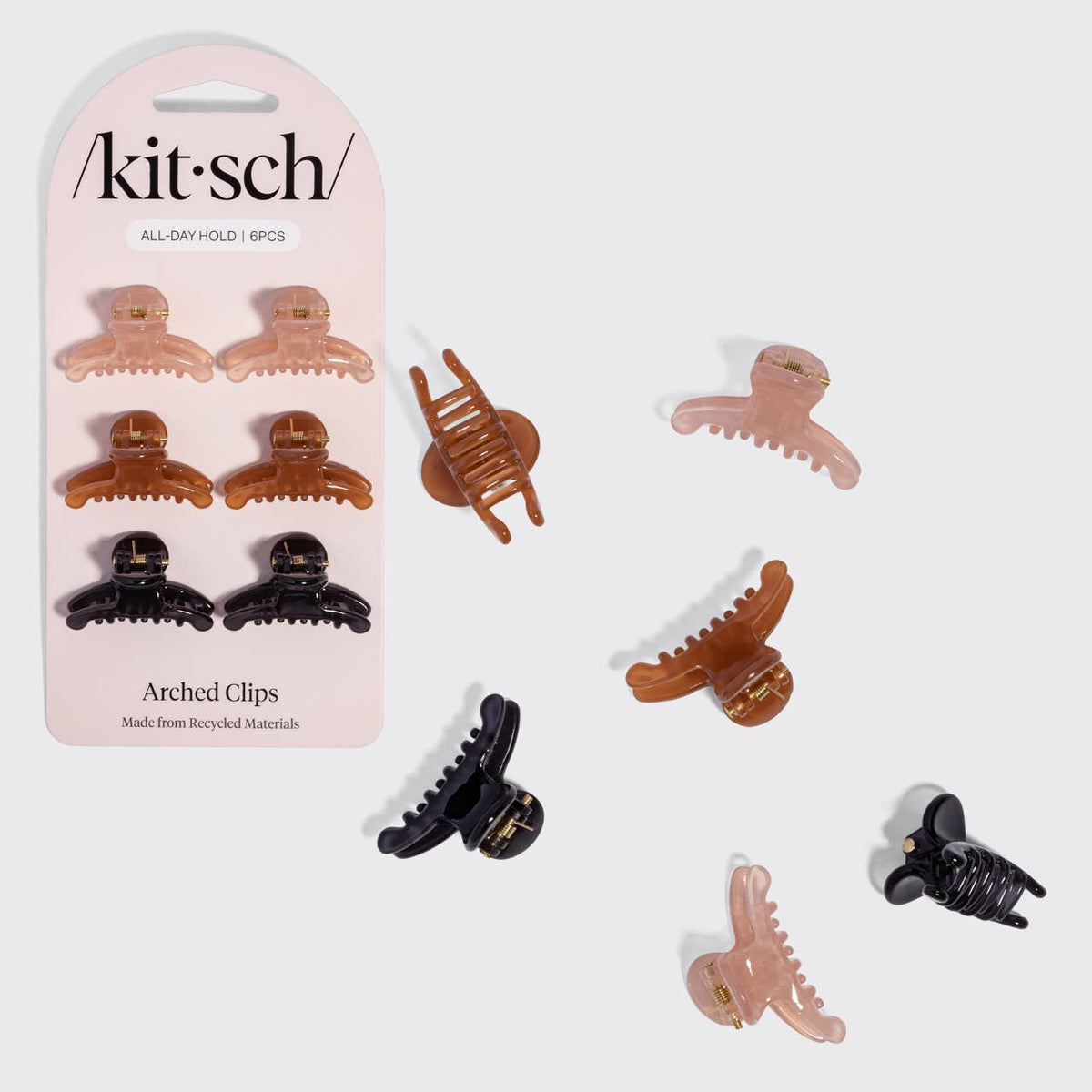 Kitsch Arched Clips set of 8 all-day hold hair clips in assorted colors. Pink, brown and black