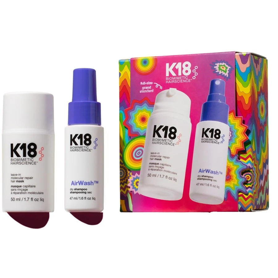 K18 Full-Size Hair Science holiday set gift kit featuring a white and purple AirWash bottle