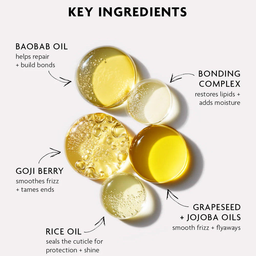 Key ingredients of R+Co on a cloud repair oil hair care product with labeled benefits on a white background